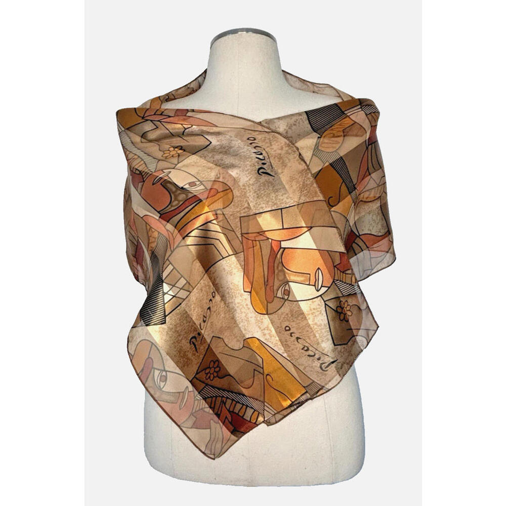 Picasso Motif Rectangle Scarf Gold Red Brown 13" x 60"